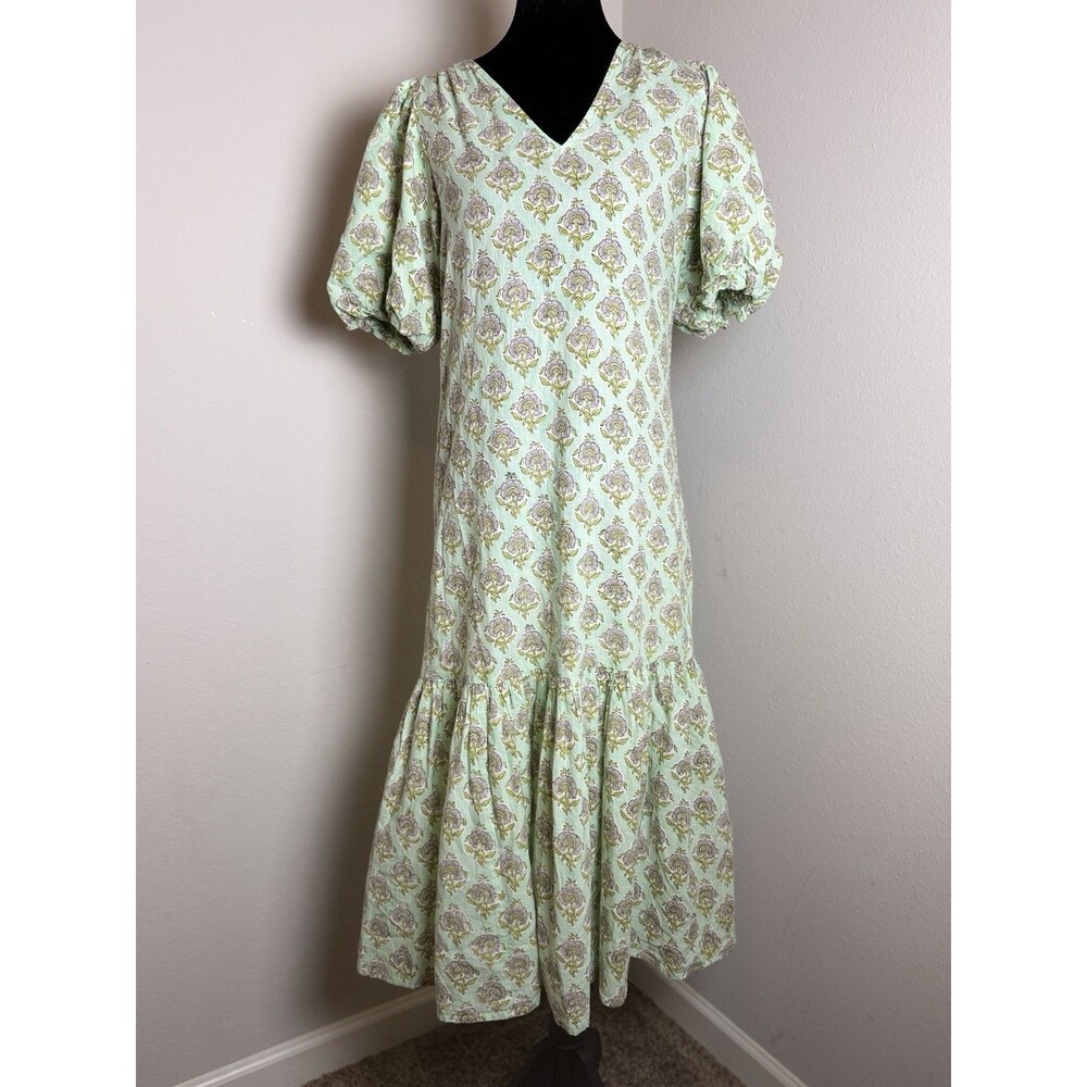 Anna Cate XS Mint Green Floral Cotton Puff Sleeve Midi Dress Boho Tiered - Picture 2 of 10